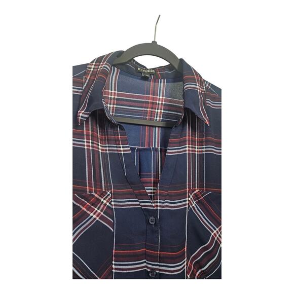 Express Womens XL Blouse Blue Plaid V-Neck Collar Roll Tab Sleeves Button-Up - Picture 3 of 8